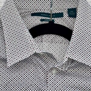 Perry Ellis Mens XXL Stretch Dot Print Long Sleeve Button Down Shirt White Brown